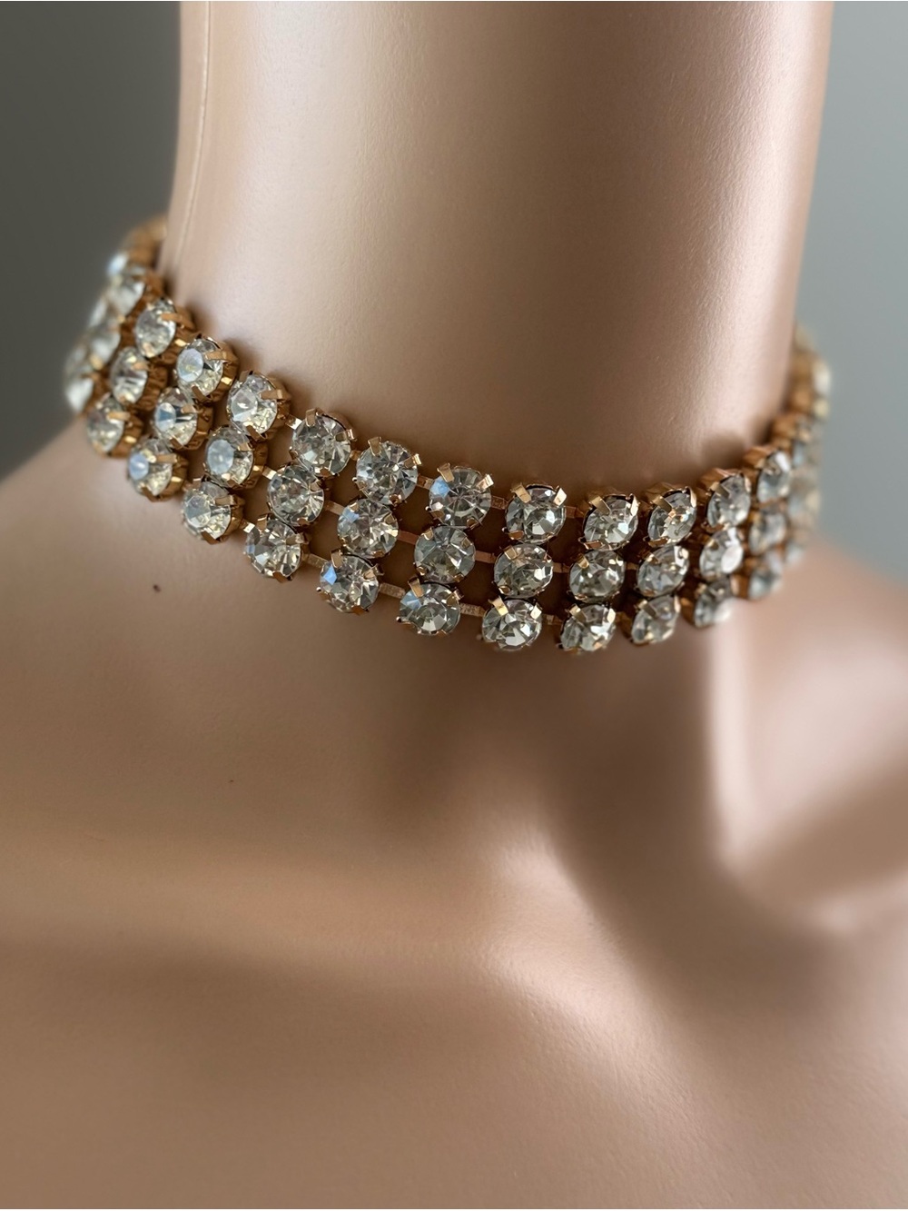 Gold Crystal Three-Row Choker Necklace - Elegant Sparkle
